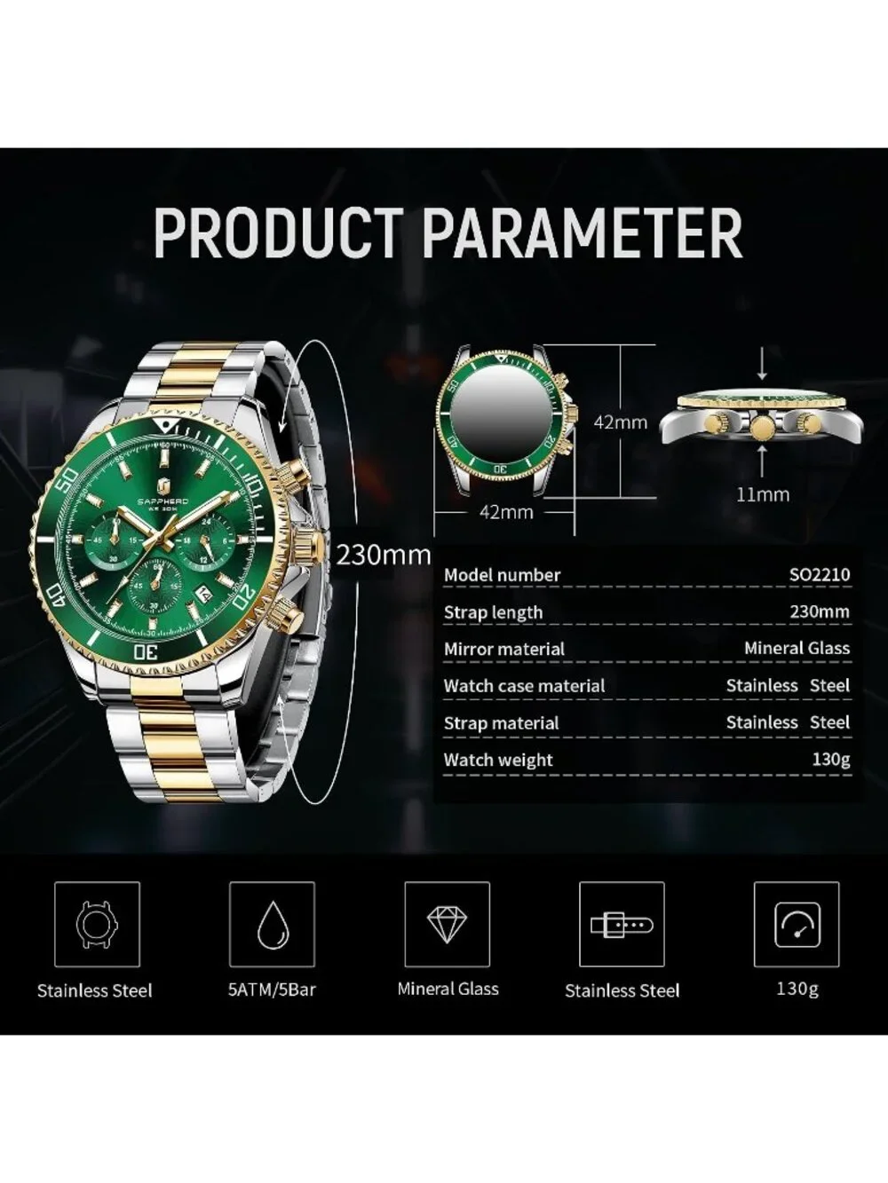 Men's Gold Silver Strap Green Face Chronograph Stainless Steel Waterproof  Watch